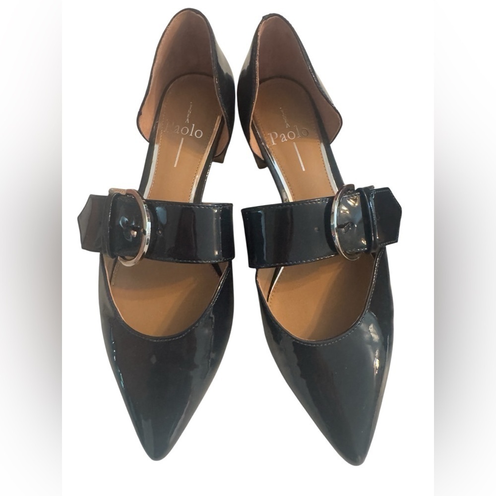 Linea Paolo Dean Navy Patent Leather Pointy Mary Jane Flats Buckle d'Orsay 6.5M - Picture 3 of 8